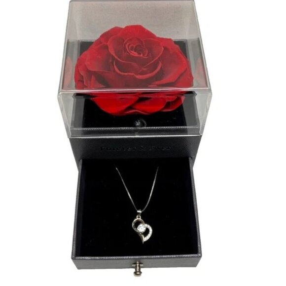 Eternal Rose Preserved Flower Jewelry Box & Silvertone Gemstone Necklace Gift - Picture 1 of 13